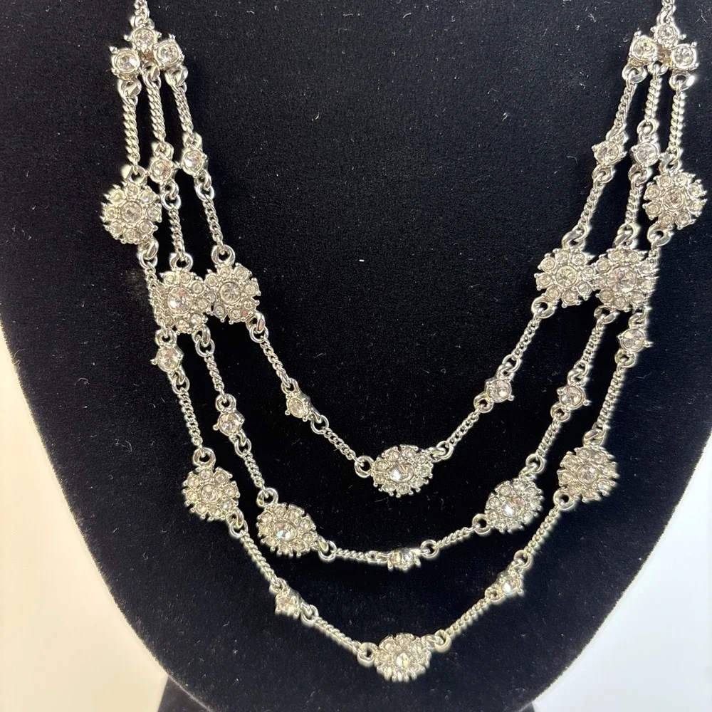 Necklace Rhinestones Multi Strand Delicate Bib Style Givenchy Silver Tone‎ 90s